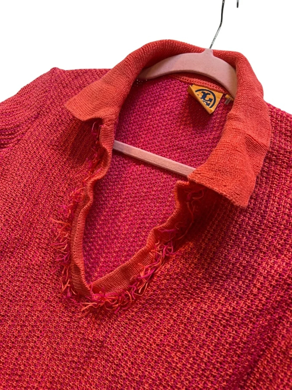 Tory Burch pink orange waffle knit fringe collared tunic sweater XS